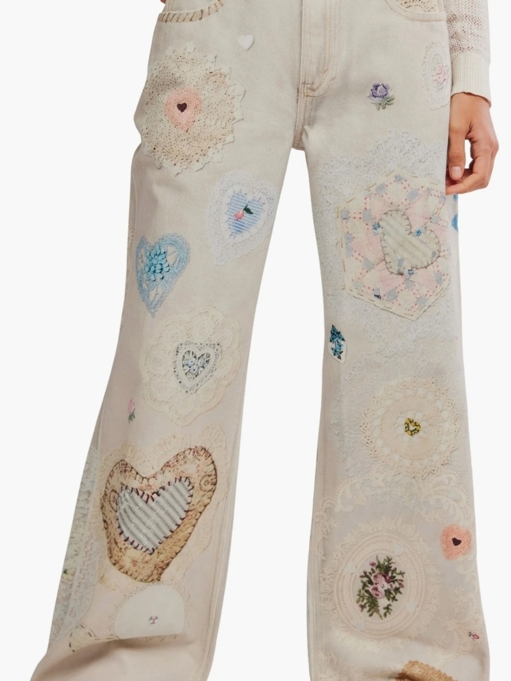 Free People Tinsley Printed Jeans Wide Leg Jeans in Cream Size 25 NWT